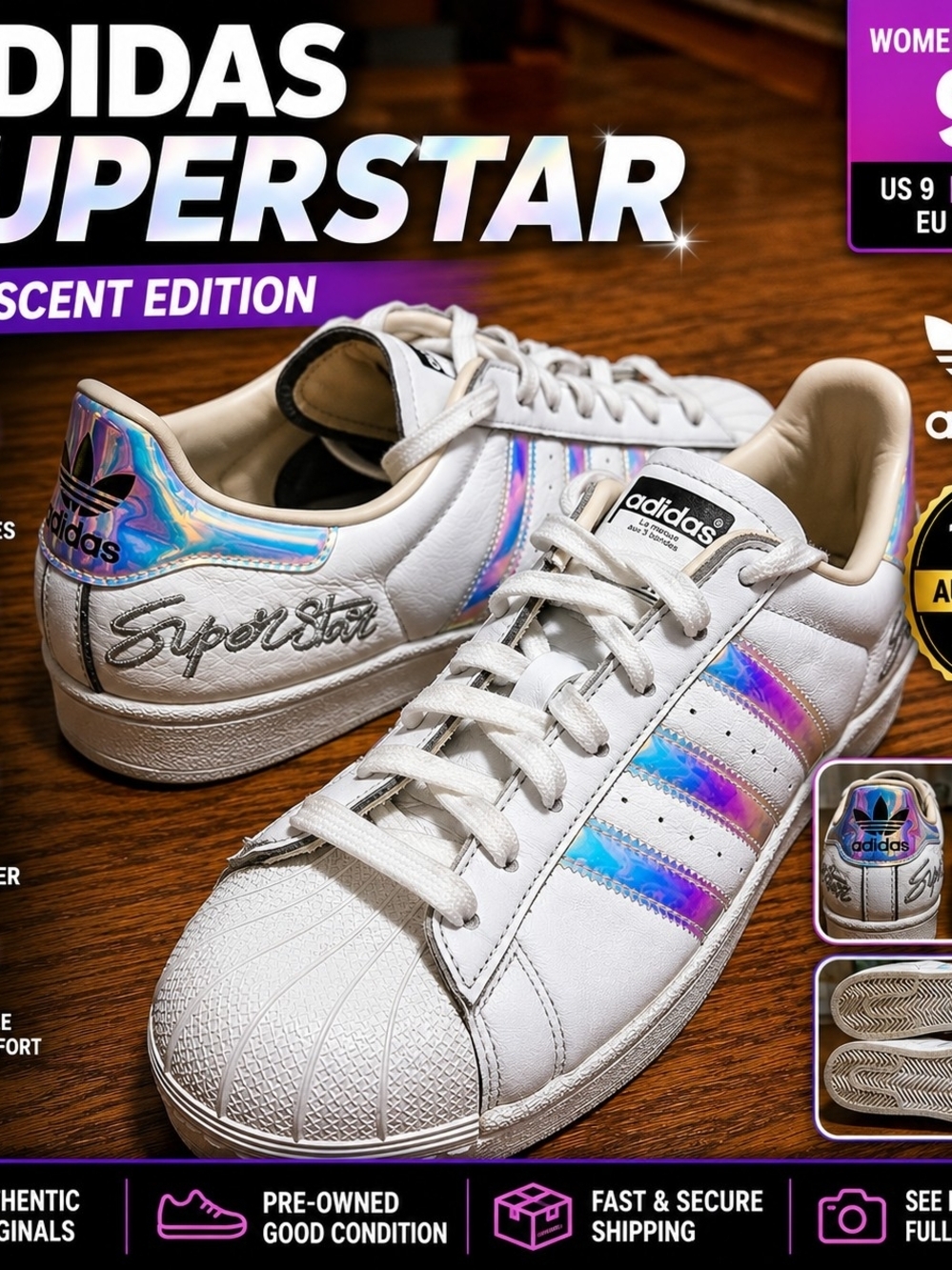 Adidas Superstar EF3642 Womens Size 9 White Iridescent Holographic Shell Sneaker